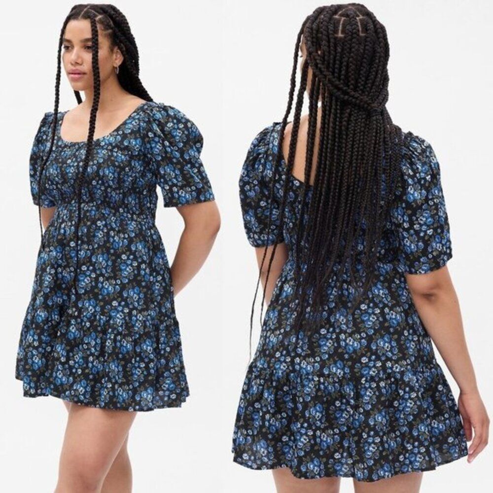 GAP Mini Dress Puff Sleeve Smocked Blue Floral Cotton Side Pockets‎ Medium Tall